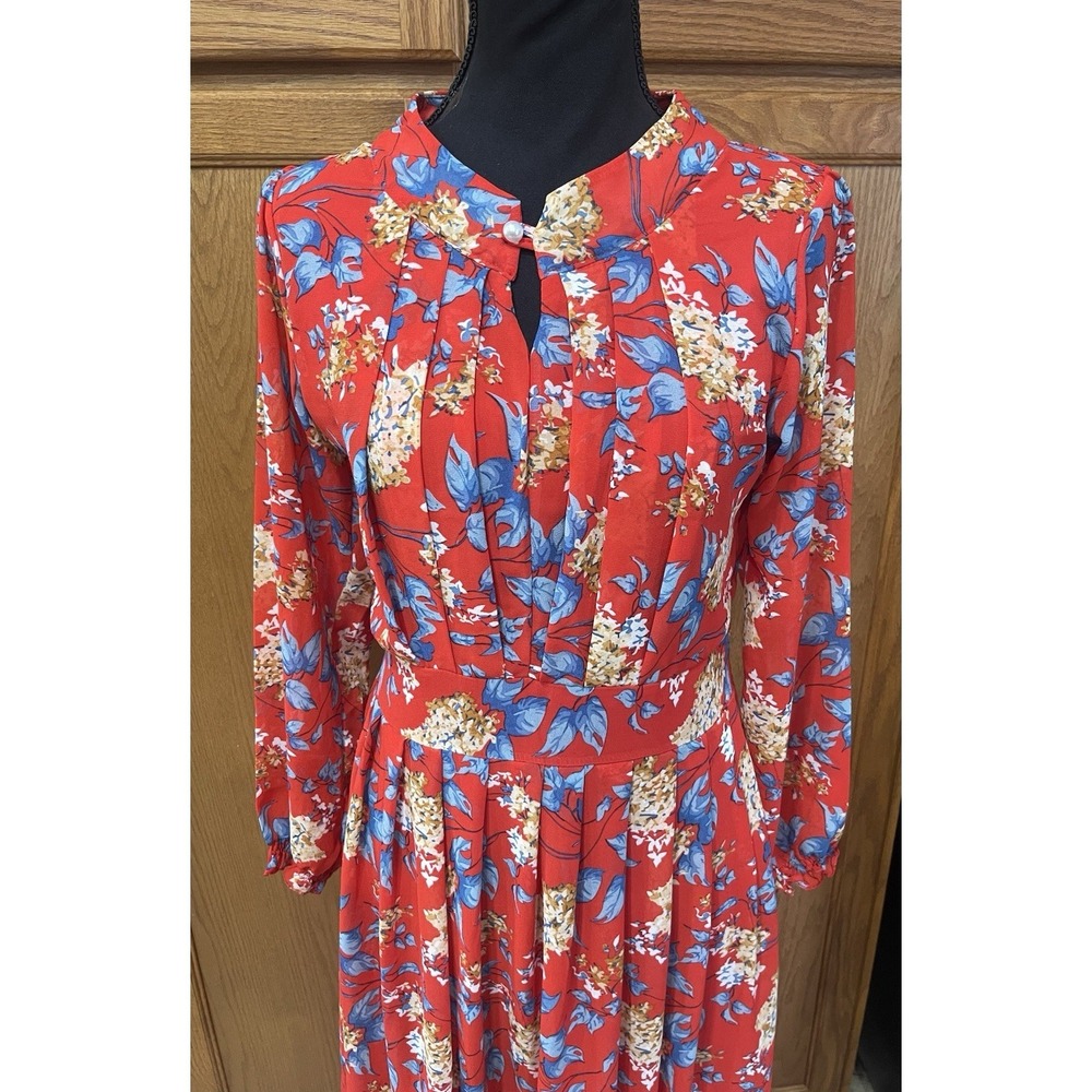 Red Floral Maxi Long Dress Medium Tie Back Classy Flowing - Picture 11 of 11